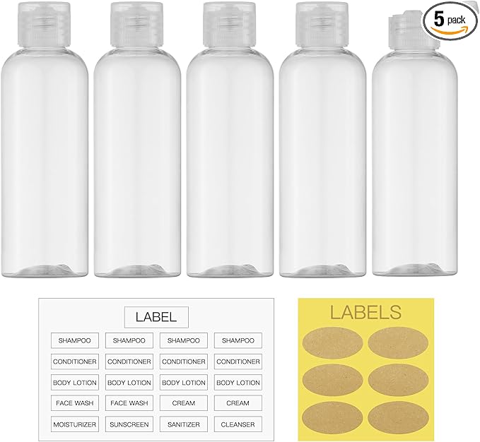 LISAPACK 3.4oz Travel Bottles For Toiletries (5pcs), Travel Size Containers for Shampoo (100ml, Clear)