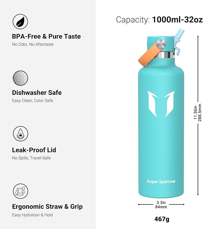 Super Sparrow Insulated Water Bottle - 17 Oz / 25 Oz / 32 Oz - Standard Mouth FlipFlow Flask - BPA Free, Leak Proof Drink Bottle- Ergonomic Straw Water Bottles for Work, Gym, Travel, Sports
