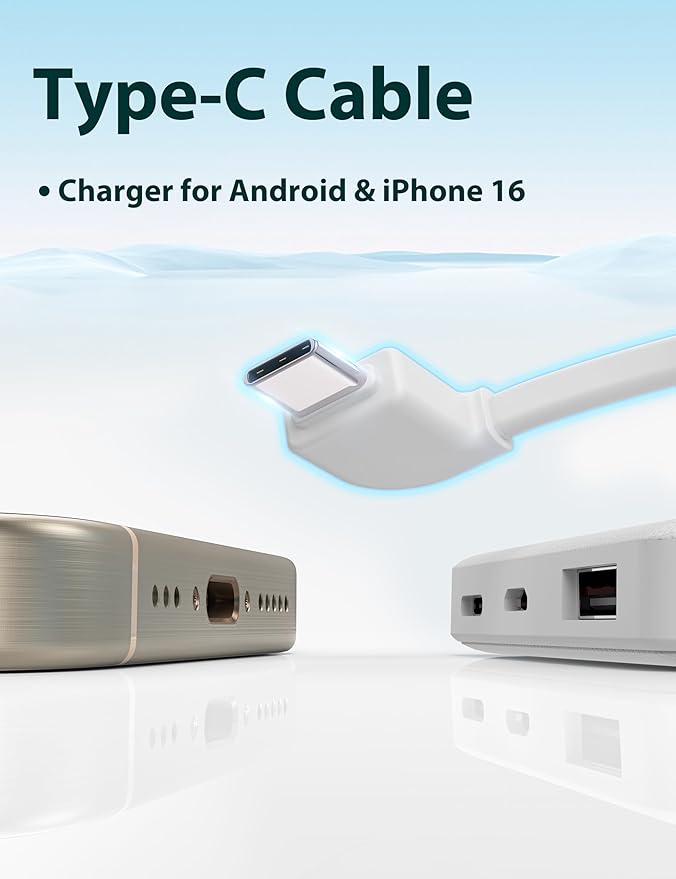 miisso 6000mah Ultra Slim Built in Cables Power Bank, Card Size Built in USB C Cords Battery Pack Portable Charger for Phones, 3 Output External Battery Pack Compatible with iPhone, Snow White