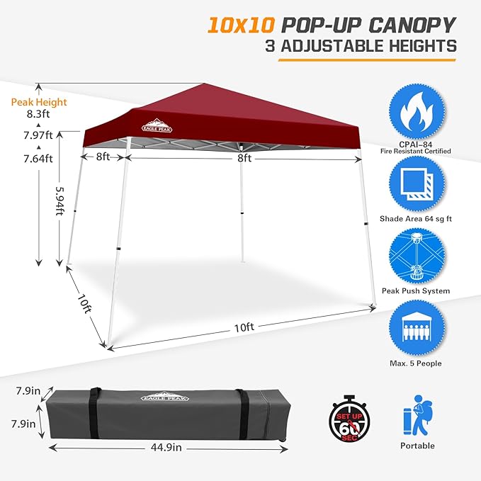 EAGLE PEAK 10x10 Slant Leg Pop-up Canopy Tent Easy One Person Setup Instant Outdoor Beach Canopy Folding Portable Sports Shelter 10x10 Base 8x8 Top (Burgundy)