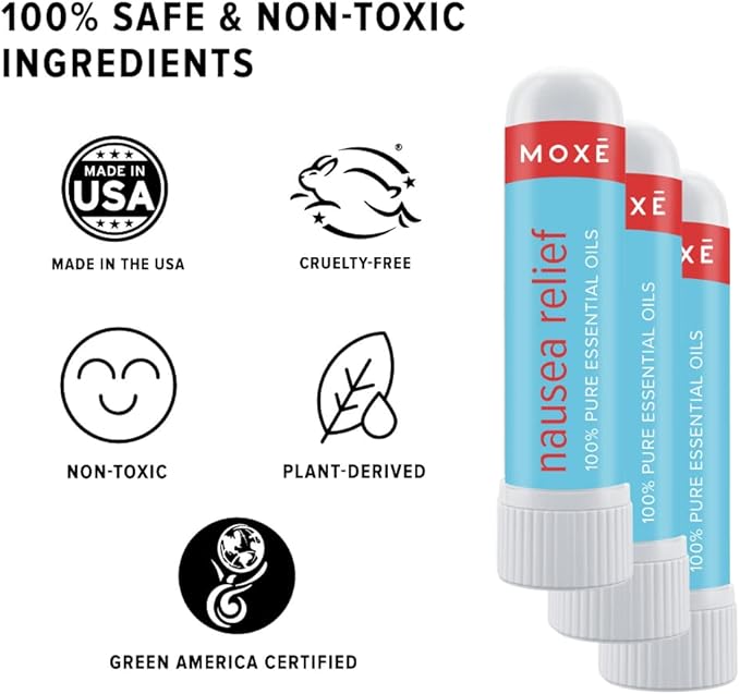 MOXE Nausea Nasal Inhaler Sticks, All Natural Essential Oil Blend, Ginger, Cardamom, Peppermint, Sweet Orange, Upset Stomach, Headaches, Easy-to-Use Portable Aromatherapy, Made in USA, 3 Pack