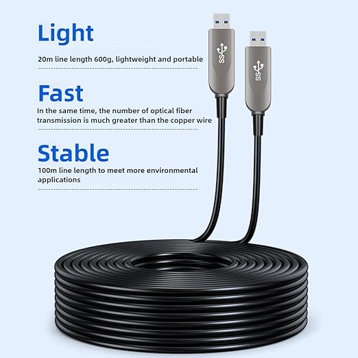 164ft/50m USB A to A Fiber Optic Data Cable, 10Gbps Long Distance Data Transfer USB 3.1 A to A, for VR, Camera, PC, Laptop, Webcam, Printer, Webcam etc.