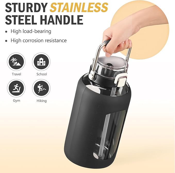 BLUEGO 84oz Water Bottle Glass with Stainless Steel Handle Large 2.5l Water Bottle with Time Markers and Silicone Sleeve Half Gallon Water Jug BPA Free for Gym Daily Use, Black