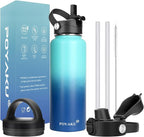 Water Bottle Insulated 32oz 40oz 64oz 128oz Straw Lid Spout Lid & 3 Lids, Leak Proof, Vacuum Insulated,Stainless Steel Water Bottle Wide Mouth for Sports, Gym or Office