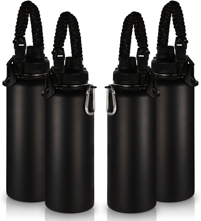 Volhoply Insulated Water Bottles Bulk 4 Pack, 40 oz Stainless Steel Sports Bottle with Paracord Handle & Spout Lid, Double Walled Metal Travel Water Cups with Wide Mouth for Cold Drink(Black,4 Set)