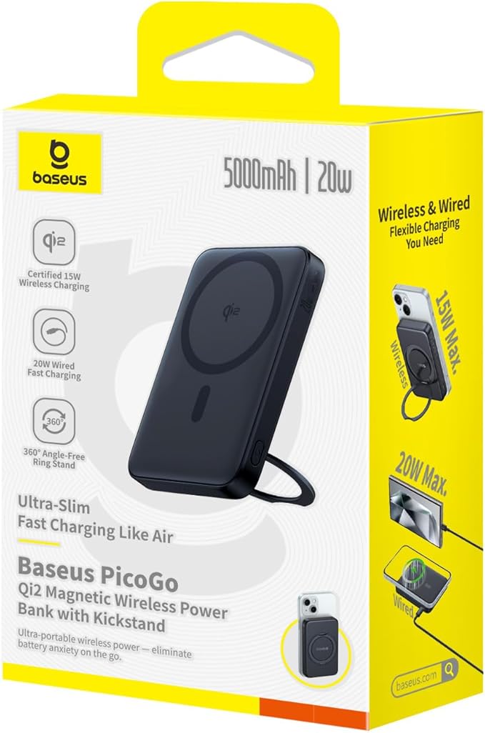 Baseus PicoGo Magnetic Power Bank, Qi2 Certified 15W Ultra-Fast Wireless Portable Charger with Stand, Ultra-Slim 5000mAh Battery Pack for iPhone 17 Pro Max 16/15/14/13/12