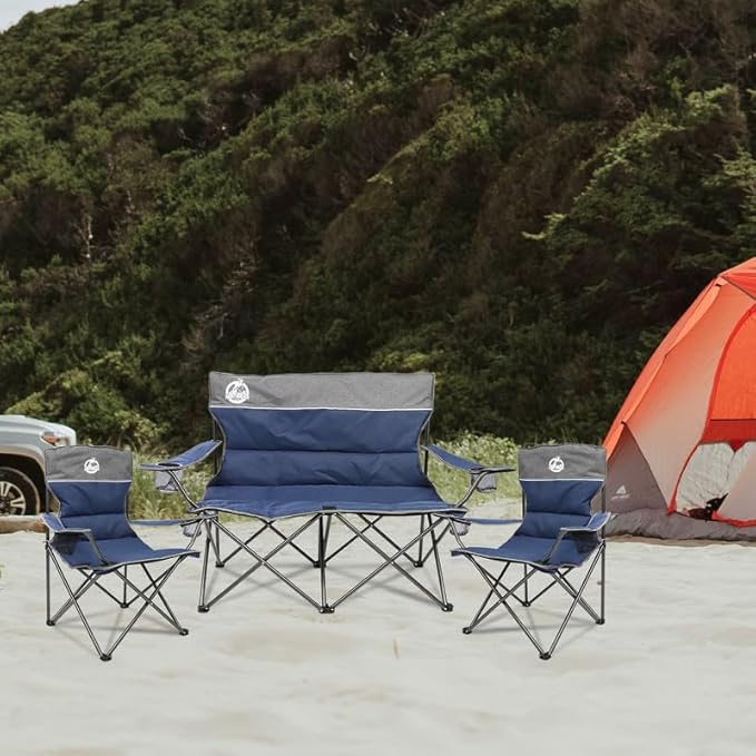 Northroad Outdoor Camping Chair Set of 3,Folding Padded Camp Chair,Collapsible Conversation Set w/1 Sofa,2 Single Chairs for Family Patio,Beach (Blue)