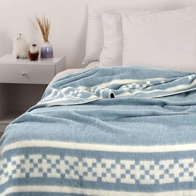 Inca Wall - Thick Alpaca Wool Blanket Heavyweight Camping Outdoors Indoors Soft Peru Queen Size New Ethnic Design (Soft Blue/Ivory, Queen Size)