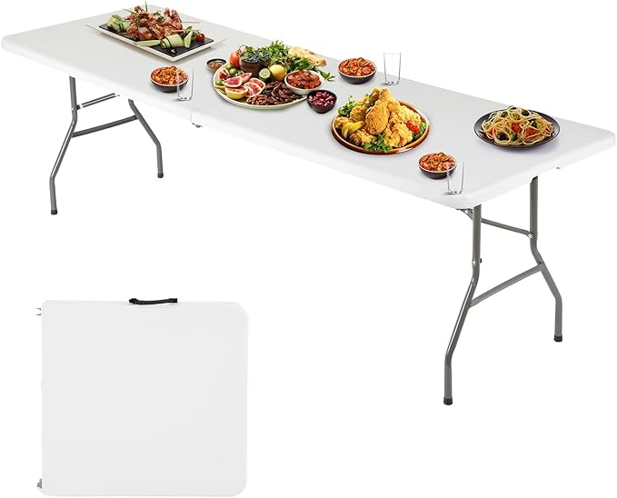FDW 6FT Folding Picnic Table for Outdoor, Portable Fold-in-Half Plastic Dining Picnic Party Table with Carrying Handle
