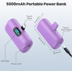 Mini Portable Charger USB C Power Bank,Upgraded 5000mAh PD Fast Charging Battery Pack Built-in USB-C Connector,LCD Display,Compatible with iPhone16,16 Plus,16Pro/Max/15,iPad Pro/Air (Deep Purple)