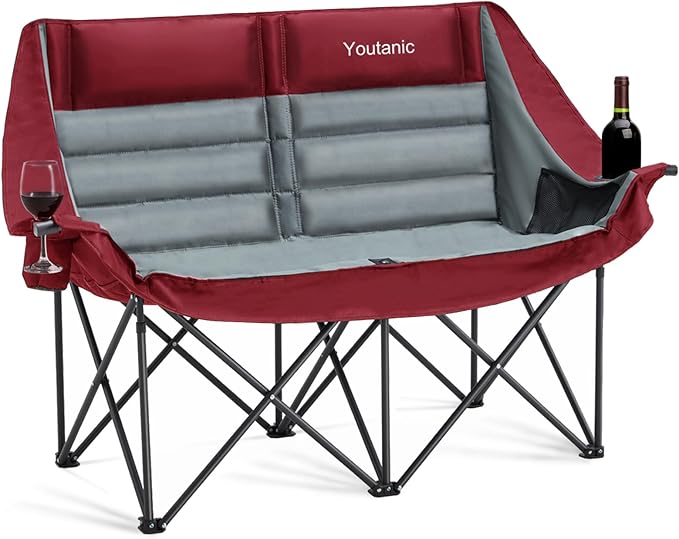 Oversized Camping Chair, Double Folding Loveseat Camping Couch with Pocket, Cup Holder and Carry Bag, Heavy Duty Portable Camping Chairs for Adults, Fishing, Sports, Trip, up to 660lbs, Red