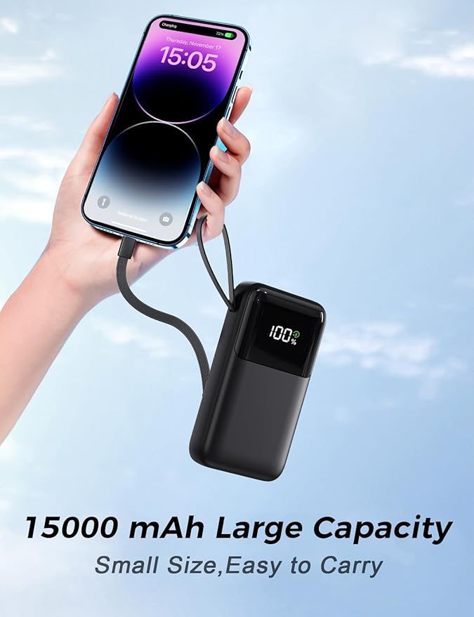 Power Bank, 15000mAh Portable Charger with Built in Cable, 22.5W Fast Charging, 6 Outputs, Slim Travel Essential Battery Pack with LED Display, Compatible with iPhone 17/16/15/14/13, Samsung, iPad