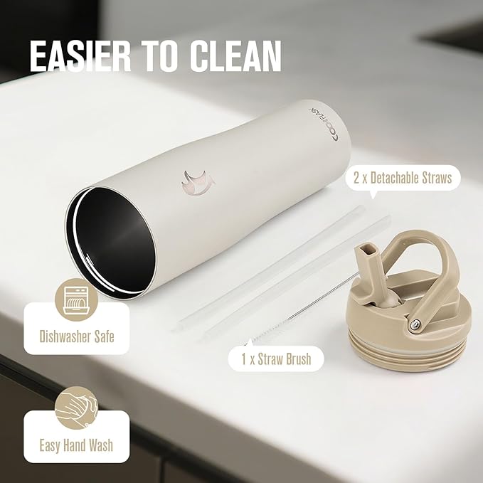 Coolflask Water Bottle 40 oz Fits Car Cup Holder, Slim Tumbler Stainless Steel with Straw & Handle, Vacuum Flask Leakproof Wide Mouth for Travel Sports Gym, Cream White