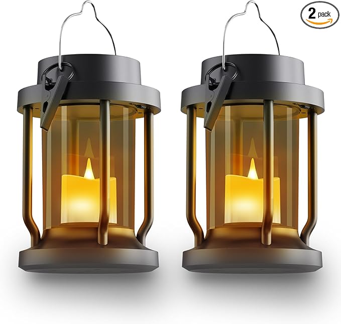Solar Lantern Outdoor & Indoor Use – Hanging Solar Lights with Realistic Flickering Flameless Candle, Weatherproof for Gardens, Patios, Trees, and Lawns (Black + Gray, 2 Pack)