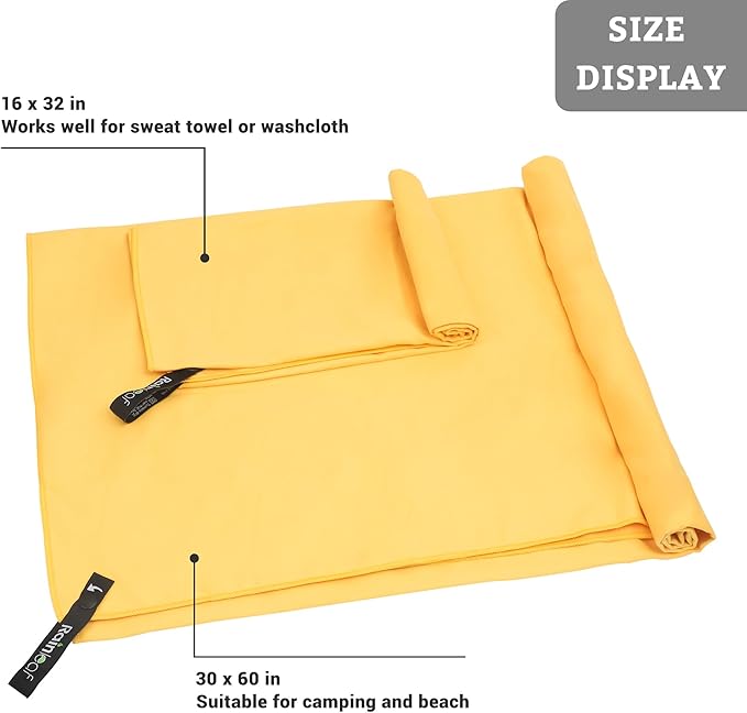Rainleaf 2 Pack Microfiber Quick Dry Travel Towel, Super Absorbent Ultra Compact Lightweight Camping Towel for Gym, Hiking, Pool, Yoga - Yellow