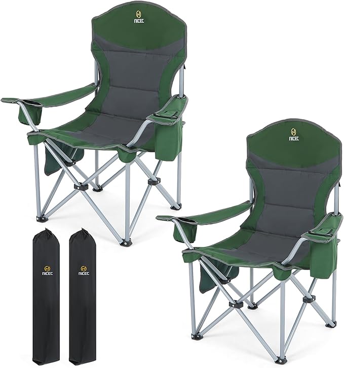 Nice C Camping Chair, Portable Chair, Lawn Chairs, Outdoor Chairs, with Armrest, Cooler Bag, Cup Holder, Side Pocket, for Camping, Traveling, Picnic (Green&Grey 2-Pack)