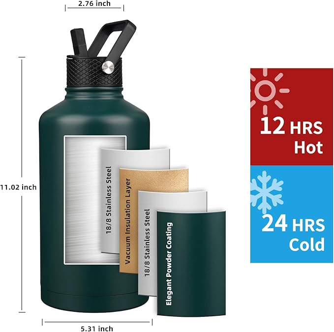 Insulated Water Bottle 87oz,Triple Wall Vacuum Stainless Steel(Dishwasher Safe),Leak Proof & Non-BPA,Flask Jug with Paracord Handle & Straw Spout Lids Sports Green