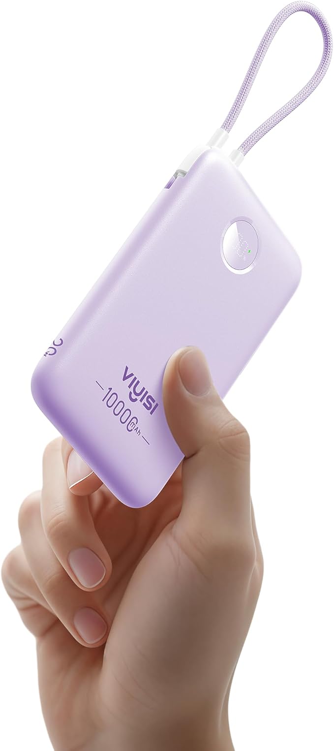 Slim Portable Charger 10000mAh, Travel Power Bank with Built-in USB-C Cable & LED Display, 22.5W Fast Charging Battery Pack Compatible with iPhone 16 15 Samsung S24 S23 -Purple