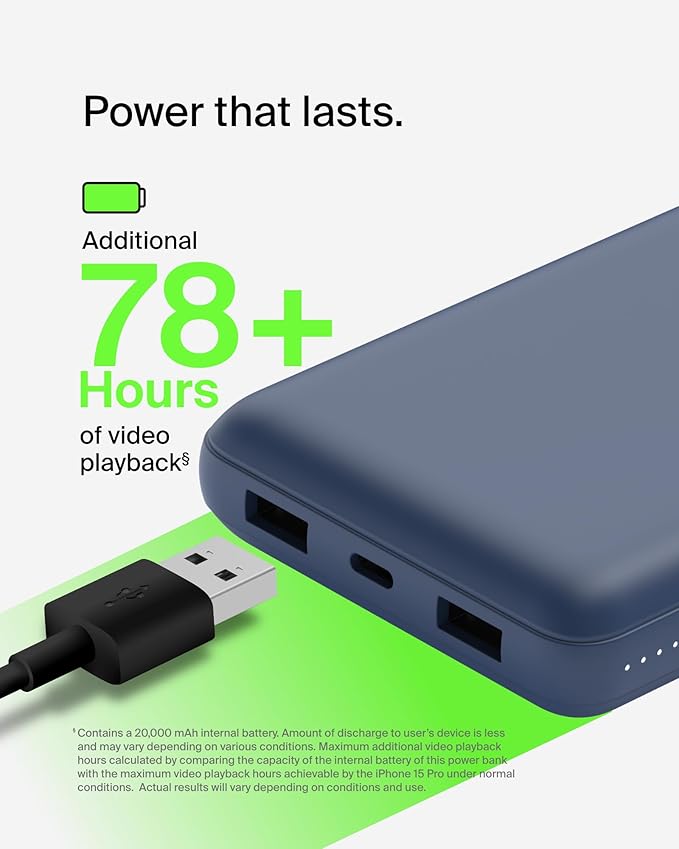 Belkin Portable Charger, USB C Power Bank 20000 mAh w/ 2 USB-A Ports, 15W w/ Type-A to Type-C Cable - iPhone 17, Air, Pro, Pro Max, AirPods, Samsung Galaxy S25, S24, Google Pixel 10, iPad, etc. - Blue
