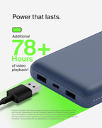 Belkin Portable Charger, USB C Power Bank 20000 mAh w/ 2 USB-A Ports, 15W w/ Type-A to Type-C Cable - iPhone 17, Air, Pro, Pro Max, AirPods, Samsung Galaxy S25, S24, Google Pixel 10, iPad, etc. - Blue