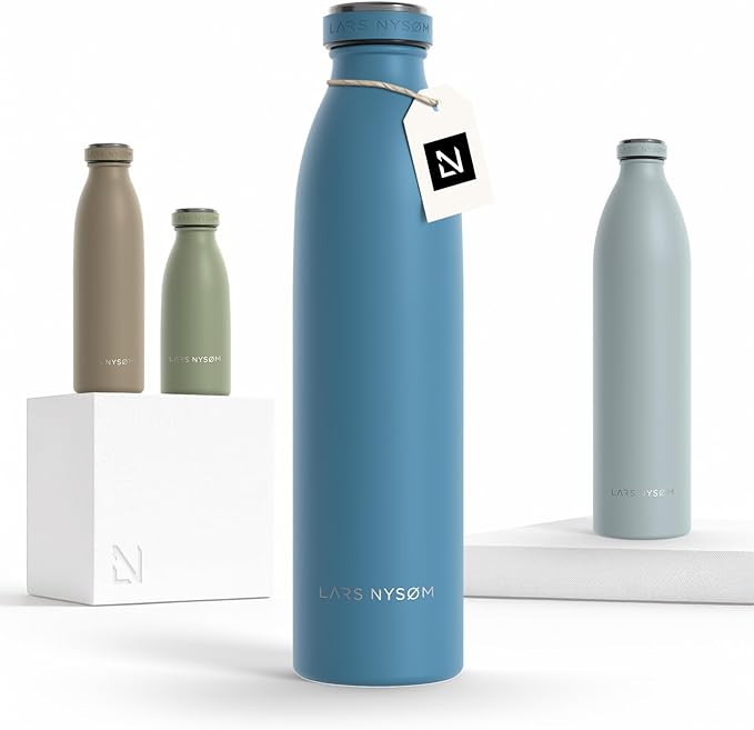 LARS NYSØM Stainless Steel Insulated Water Bottle 12 oz 17 oz 25 oz 34 oz 51 oz | Insulated Thermo Flask for Hot and Cold Beverages | Leakproof Drinking Bottle (Calypso Blue, 25.4 oz)