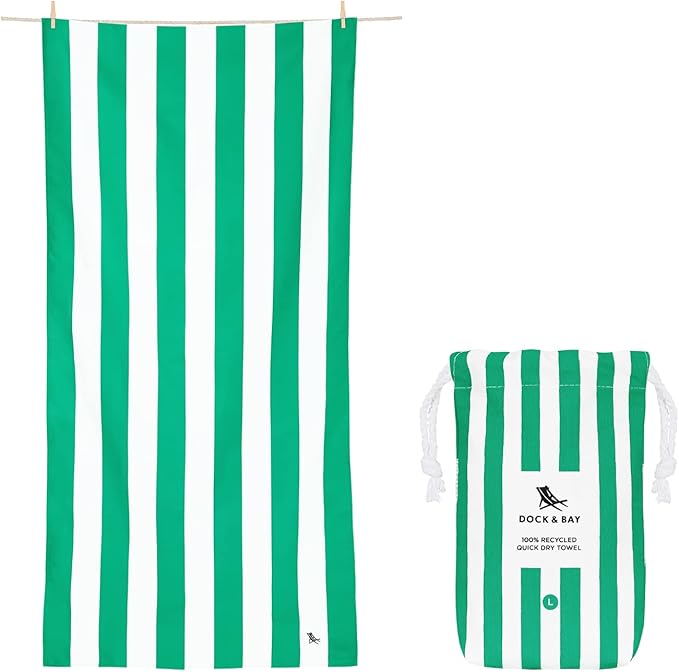 Dock & Bay Beach Towel - Quick Dry, Sand Free - Compact, Lightweight - 100% Recycled - Includes Bag - Cabana - Cancun Green - Extra Large (200x90cm, 78x35)