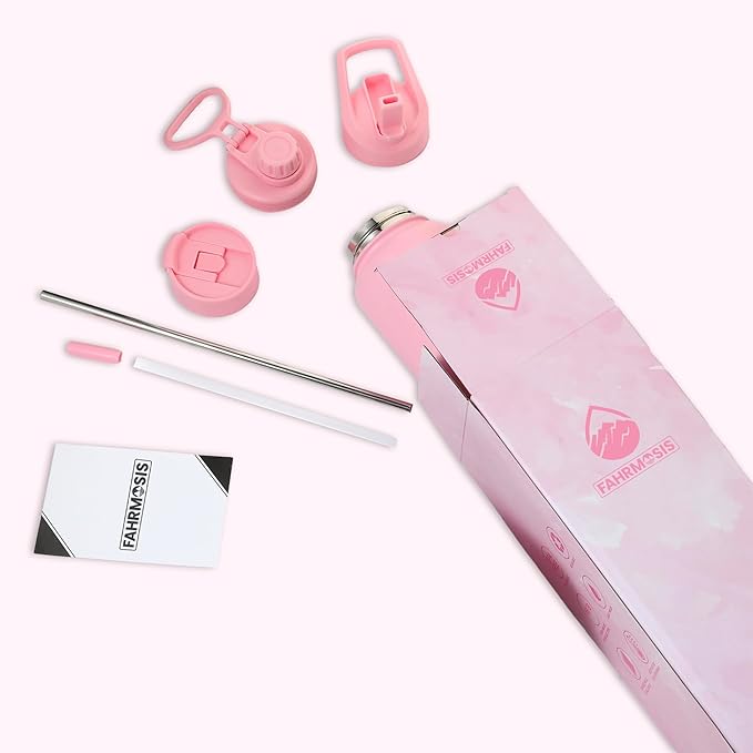 32 Oz Water Bottle with Straw Stainless Steel Sports Water Bottle with 3 Lids (Straw, Chug & Flip Lid) 1 Liter Leak Proof Insulated Metal Jug for Men & Women - Pink