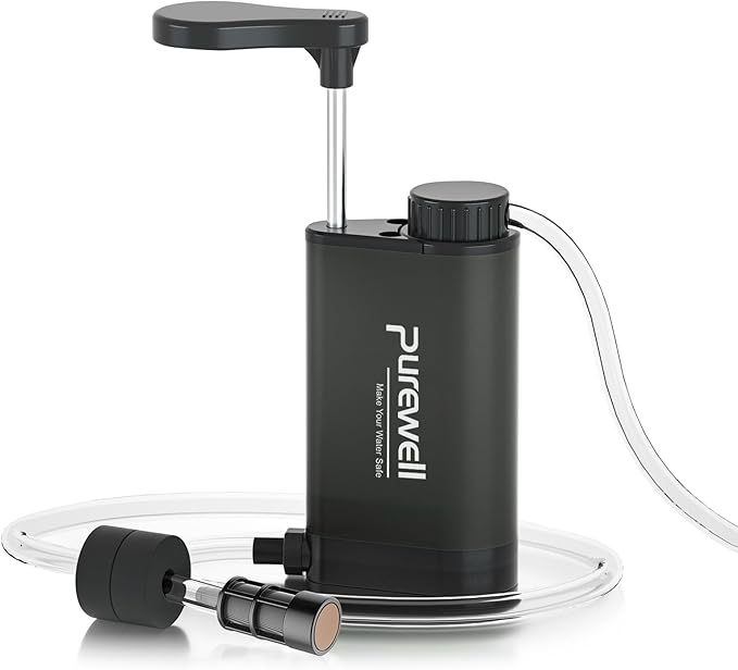 Purewell Water Purifier Pump with Replaceable Carbon 0.01 Micron Water Filter, 4 Filter Stages, Portable Outdoor Emergency and Survival Gear - Camping, Hiking, Backpacking