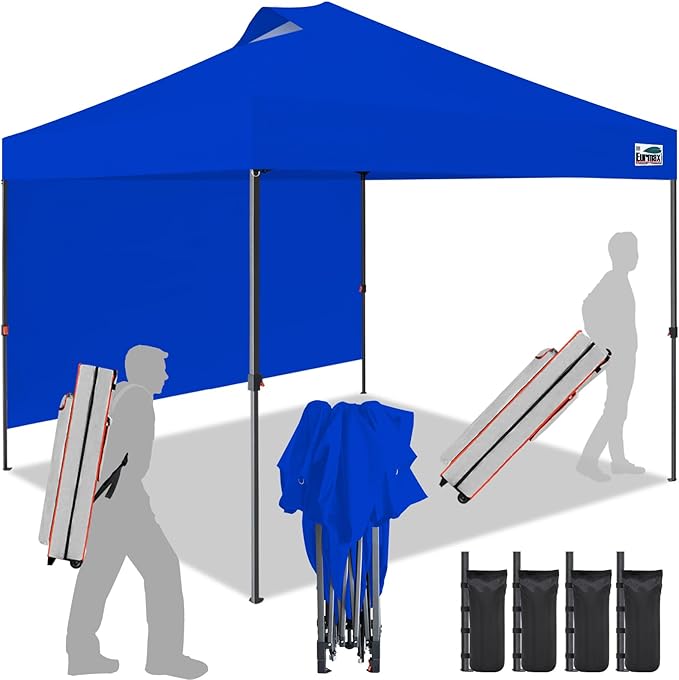 Eurmax USA NOMATTER ONE-Person Open&Close 10x10ft Pop Up Canopy Tent,Portable Shelter Canopy for Outdoor Events with 1 Removable Sidewall,Instant Canopies,Temporary Sunshade,Bonus 4 Sand Bags(Blue)
