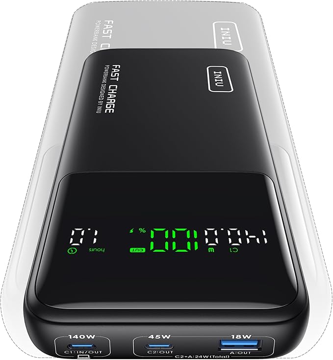 INIU 140W Power Bank, Compact 25000mAh High Capacity Laptop Portable Charger, USB C in&Out Tablet Powerbank, Smart Digital Display Phone Charger for iPhone 17 16, Samsung, iPad, MacBook, Laptop etc.