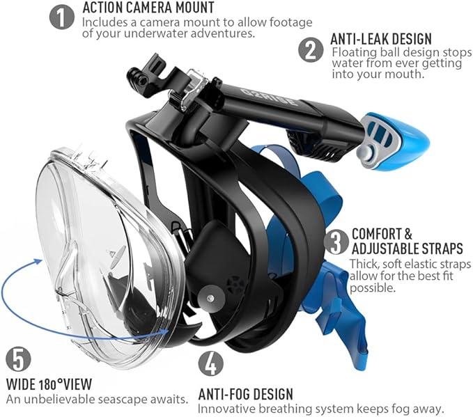 G2RISE Full Face Snorkel Mask Adults Snorkeling Set Gear for Kids with Detachable Camera Mount, Safe Breathing, Anti Fog Anti Leak
