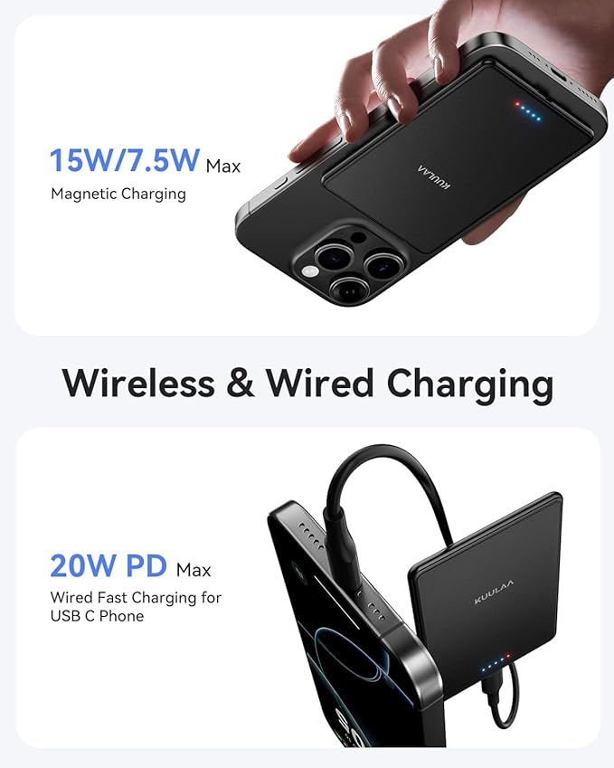 Kuulaa Power Bank Ultra Slim, 0.28 in MagSafe PowerBank 5000 mAh, PD20W Small Power Bank, Magnetic Wireless External Mobile Phone Batteries for iPhone 16 Pro/15/14/13/12 Series (Black)