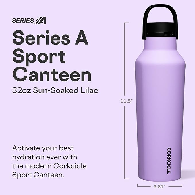 Corkcicle Sport Canteen - Keeps Drinks Cold 25 Hours - Stainless Steel Water Bottle - Triple-Insulated - Spill-Proof - Summer Drinkware Gift - Keeps Drinks Ice Cold - 32 oz - Sun-Soaked Lilac
