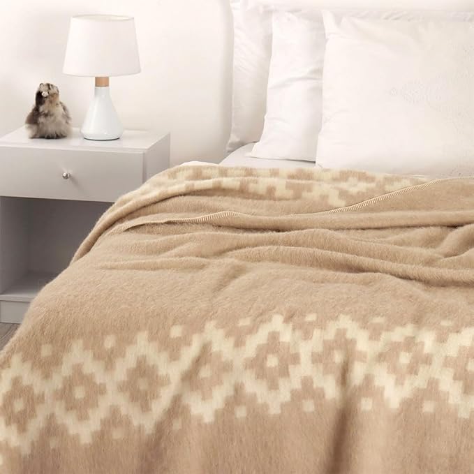 Thick Alpaca Wool Blanket Heavyweight Camping Outdoors Indoors Soft Peruvian Alpaca Wool Blankets That Come in Twin Queen King Size Ethnic Design (Beige - Ivory Stripes, King)