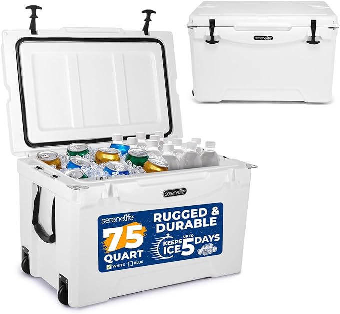 SereneLife Ultra-Tough 25-75 Quart Rotomolded Cooler Box, Holds Upto 64 Cans, Keeps Ice Up to 5 Days, Heavy-Duty Insulated Portable Ice Chest Box, Ideal for Camping, Beach, Picnics, Tailgating, etc