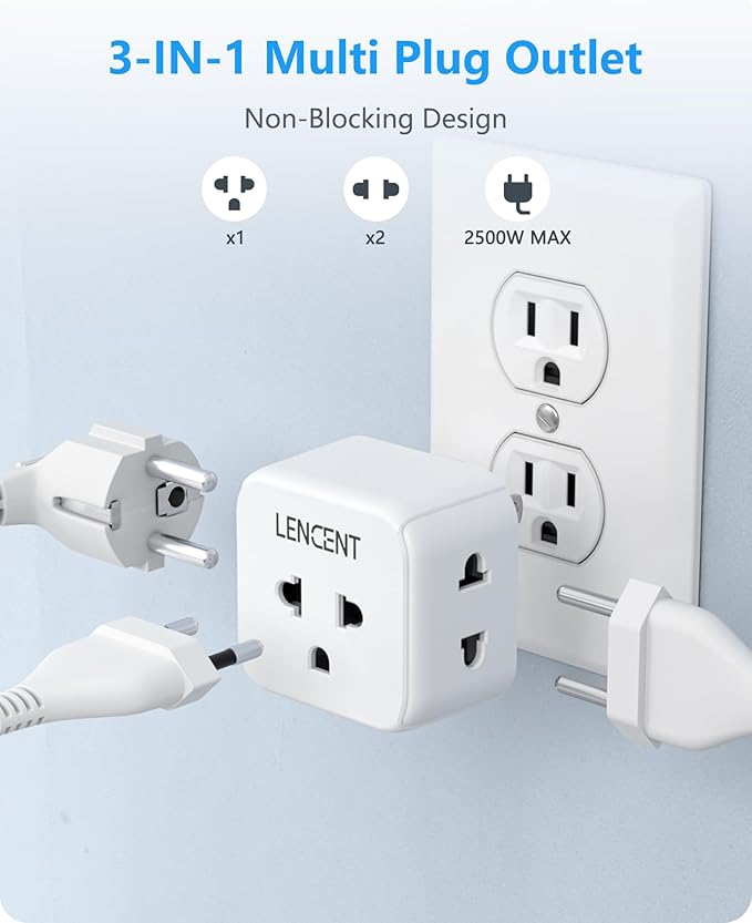 LENCENT EU to US Plug Adapter, European to USA Outlet Adaptor, Travel from Europe to American Outlet, 3-Sided Outlet Extender, Wall Tap, Mini Charger Box, Travel Plug Converter