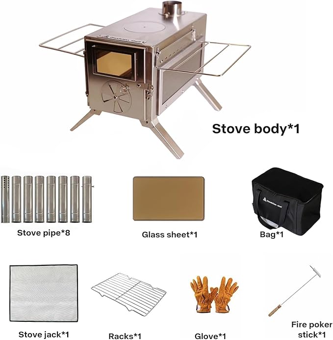 Portable Camping Wood Stove with View Glass and Cooking Function, 8 Stainless Steel Chimneys for Shelter, Hunting, Outdoor Cooking, and Heating (304 Stainless Steel)