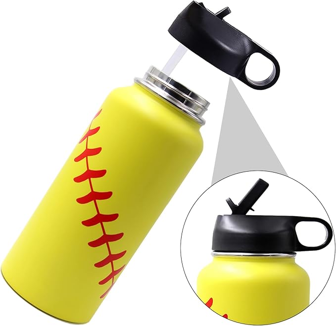 32 oz Softball Water Bottle, Wide Mouth Sports Flask Metal Travel Mug with 2 Lids, Stainless Steel Double Wall Vacuum Insulated Water Bottles, Softball Accessories Stuff Gifts for Mom Men Boys Girls