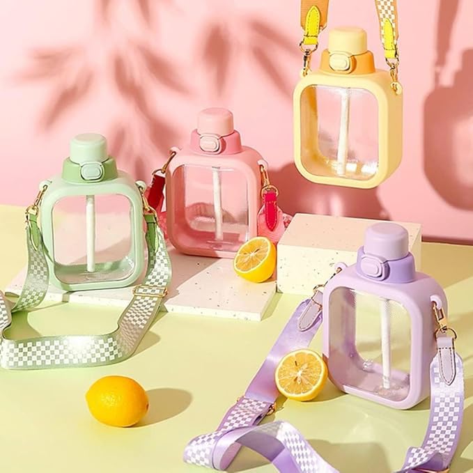 Kawaii Water Bottles with Strap and Straw 24 Oz Square Water Bottle Cute Flat Travel Canteen Leak-proof Water Bottles for Girls Sports School (Yellow, L)