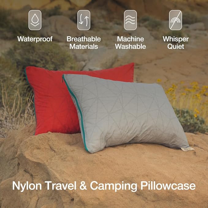 Coop Home Goods Original Adjustable Travel Pillow and Waterproof Pillow Protector Red Bundle with Compressible Stuff Sack, Medium-Firm Memory Foam and Washable Cover, CertiPUR-US Certified (19x13)