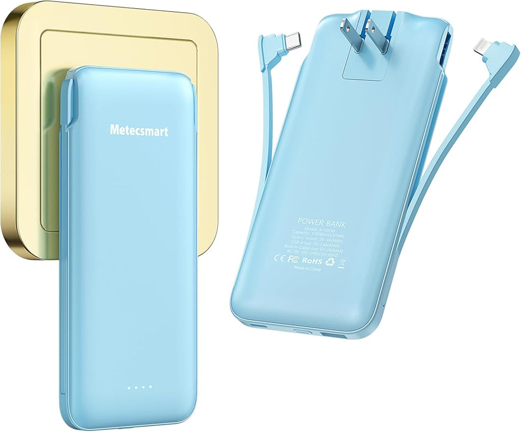 Portable Charger Power Bank with Built-in Cable & AC Plug, 10000mAh Fast USB-C Charger, Slim Mini Battery for iPhone 16/15/14/13/Pro/Max & All USB-C Devices