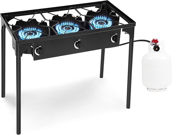 GYMAX Camping Stove, 3 Burner Propane Camp Stove w/Detachable Legs, 225,000-BTU Output, 20 PSI Regulator & CSA Certification, 30’’ Outdoor Gas Stove, High Pressure Propane Burner for BBQ (3 Burner)