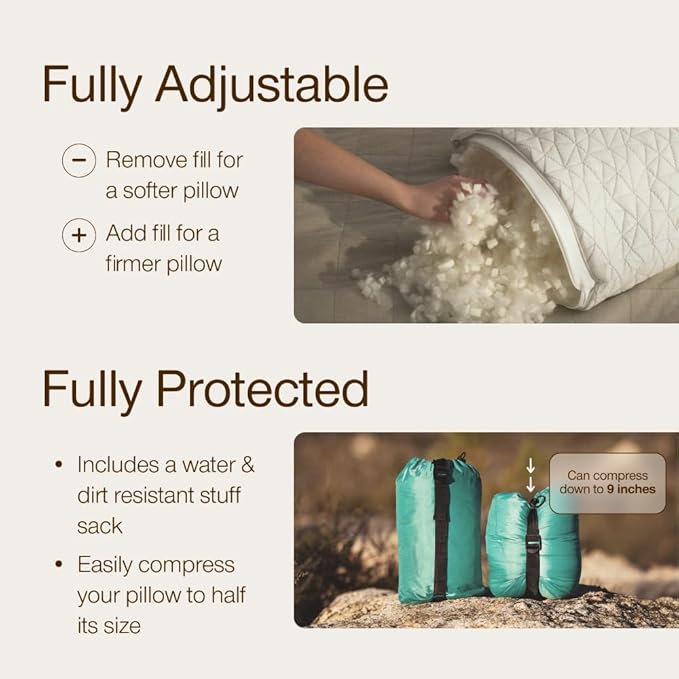 Coop Home Goods Original Travel and Camping Adjustable Pillow, Small Camping Pillow with Compressible Stuff Sack, Medium-Firm Memory Foam with Lulltra Washable Cover, CertiPUR-US Certified (19x13)