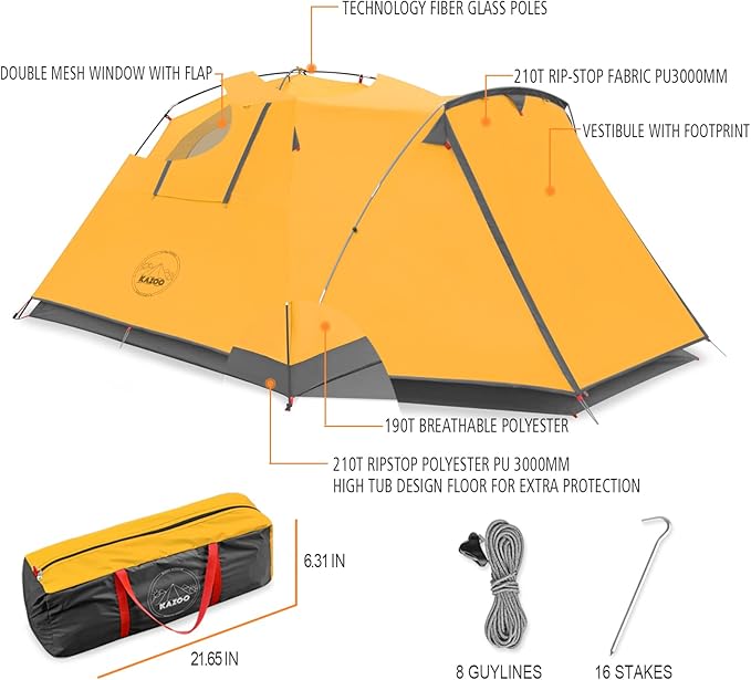 KAZOO 2／4 Person Camping Tent Outdoor Waterproof Family Large Tents 2/4 People Easy Setup Tent with Porch Double Layer