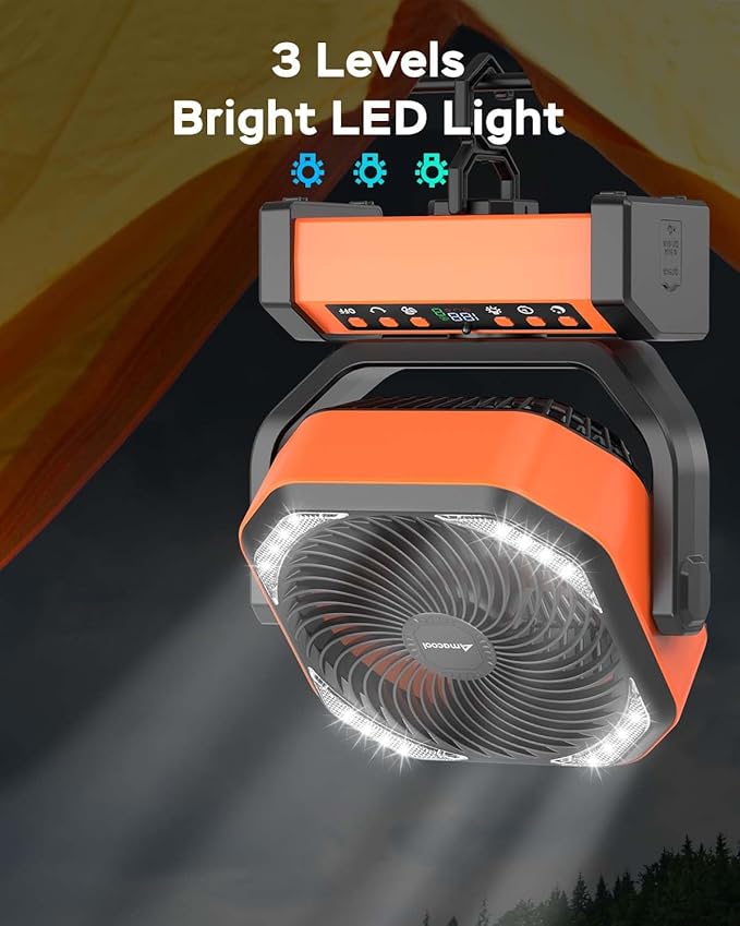 Camping Fan with Light, 20000mAh Rechargeable Battery Operated Fan, 112H Max Cooling Time, 8 Speeds, Digital Display, Remote Control, 270°Pivot with Hook for Tent Car RV Power Outage Hurricane