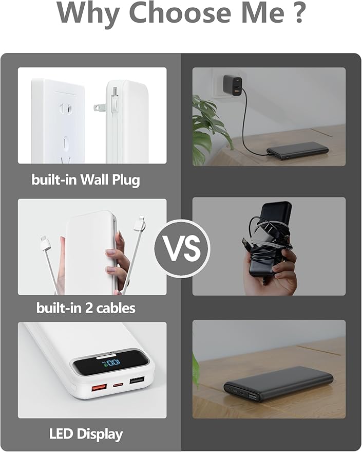 12000mAh Lightweight-Portable-Charger-Power-Bank with Built-in Cables and AC Wall Plug, PD20W USB-C Fast Charging Battery Pack, LED Display External Travel Phone Charger for All iPhone,Samsung,Android