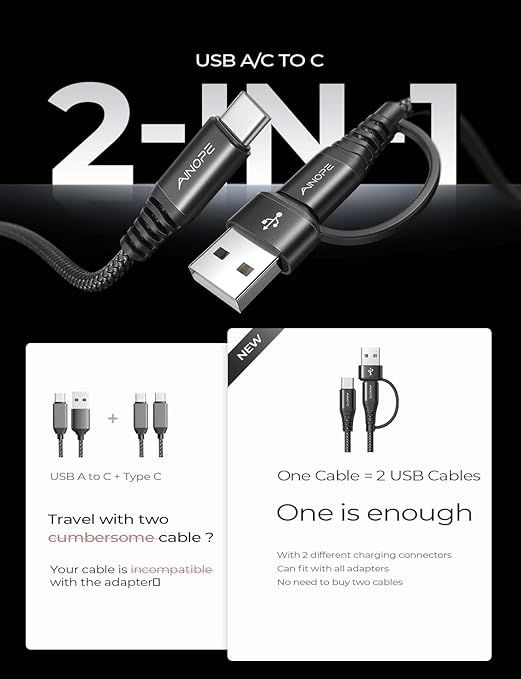 AINOPE USB C to USB C Cable, 10 FT USB C Cable Fast Charging with USB to USB C Adapter, 60W USB to USBC Cable for iPhone 17 Pro Max Air Type C Cable for iPhone 16/15/14/13/12, Black