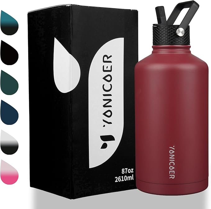 Insulated Water Bottle 87oz,Triple Wall Vacuum Stainless Steel(Dishwasher Safe),Leak Proof & Non-BPA,Flask Jug with Paracord Handle & Straw Spout Lids Sports Red