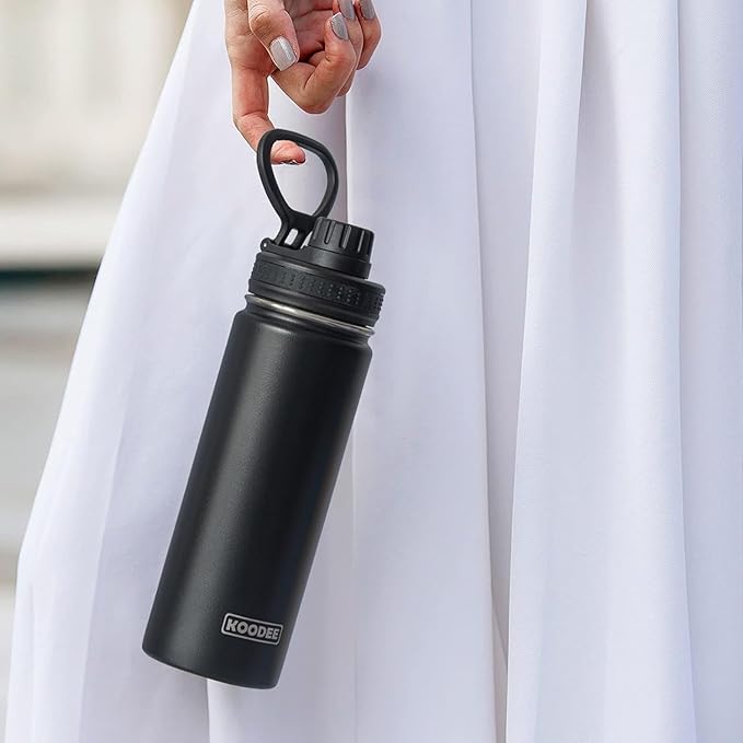 Koodee Insulated Water Bottle, 22 oz Stainless Steel Double Wall Vacuum Wide Mouth Sport Bottle with Leakproof Spout Lid (Black)