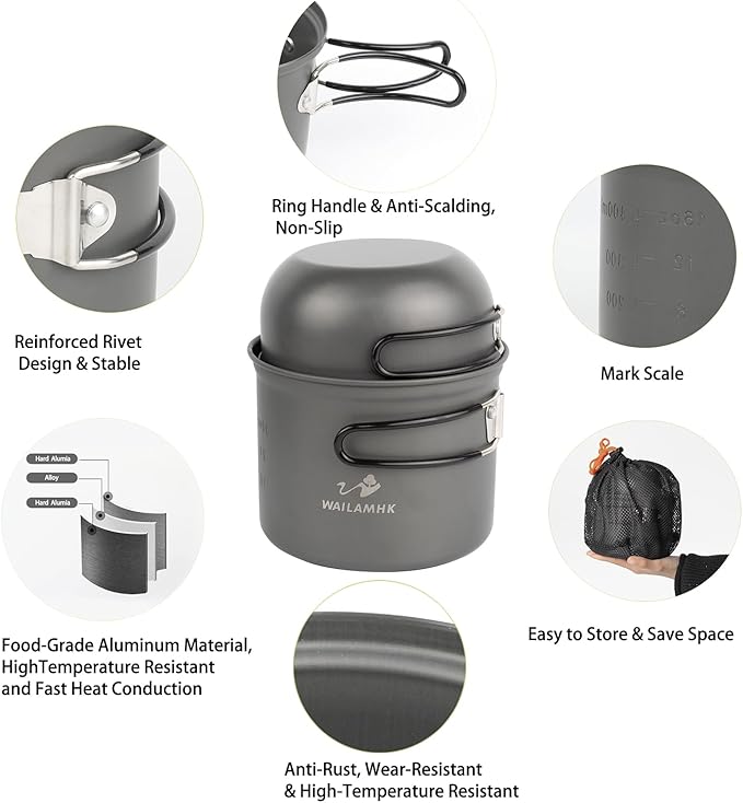 Camping Cookware Mess Kit, 17 pcs Backpacking Cooking Gear, Lightweight Camping Pots and Stove Set for 3 Person, Outdoor Cooking Gear Ideal for Camping, Hiking, Backpacking and Picnic